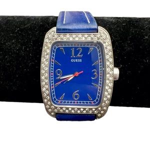 GUESS ROYAL BLUE TANK WATCH RECTANGLE FACE & PAVE CRYSTAL BEZEL & LEATHER STRAP